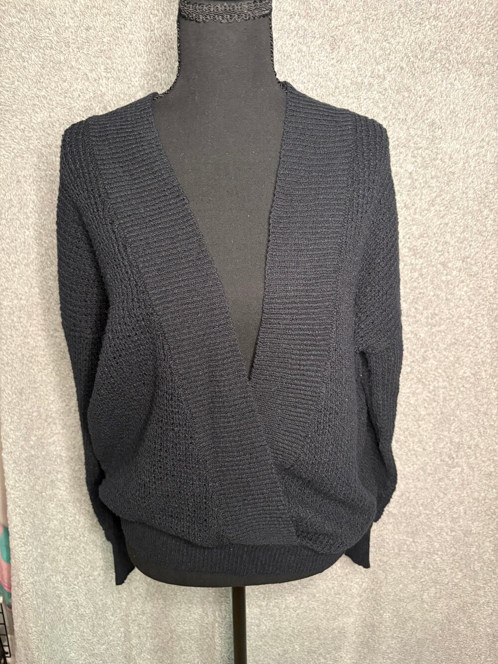 Wet Seal Black Open Knit Deep V Sweater Large Y2K Style